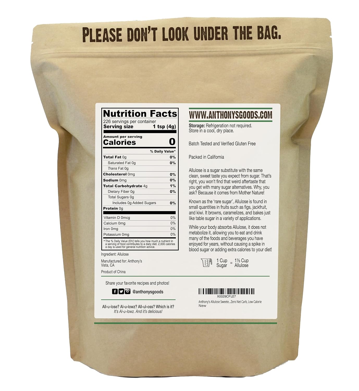 Anthony's Allulose Sweetener, 2 lb, Batch Tested Gluten Free, Keto Friendly Sugar Alternat